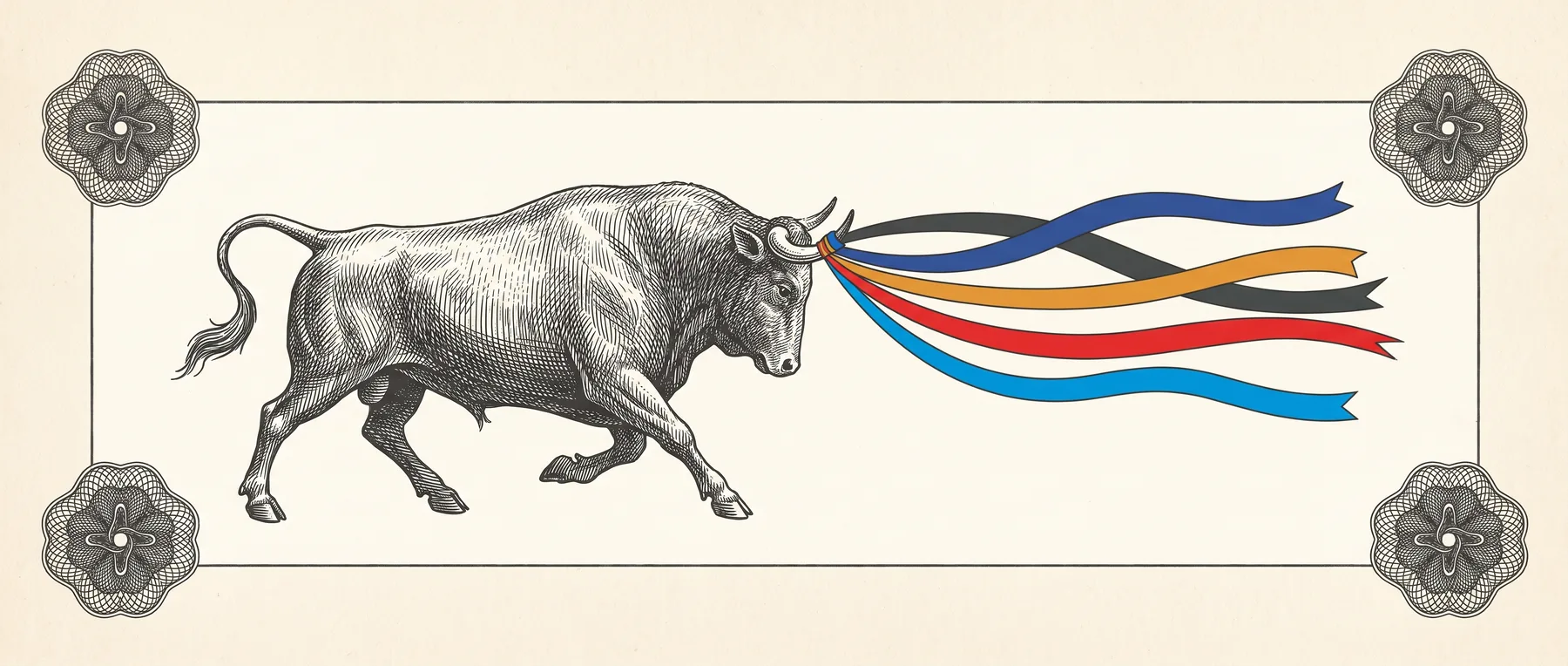 Engraved bull with five ribbons in META, AAPL, AMZN, NFLX and GOOGL colors